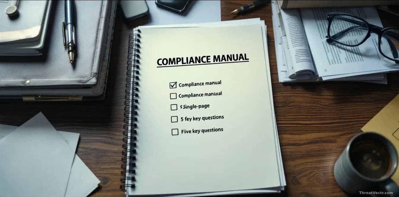 A compliance officer's desk with a thick compliance manual closed and set aside, replaced with a single-page checklist with five key questions written in bold,