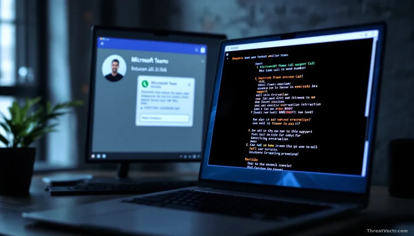 A Microsoft Teams chat window on a desktop showing an incoming call from a support number, with a ransomware encryption notification appearing simultaneously on