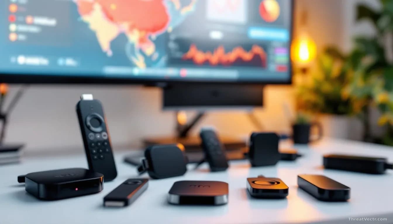 A collection of small Android TV streaming sticks arranged on a desk with a computer showing ad-fraud traffic analytics and suspicious network activity maps to