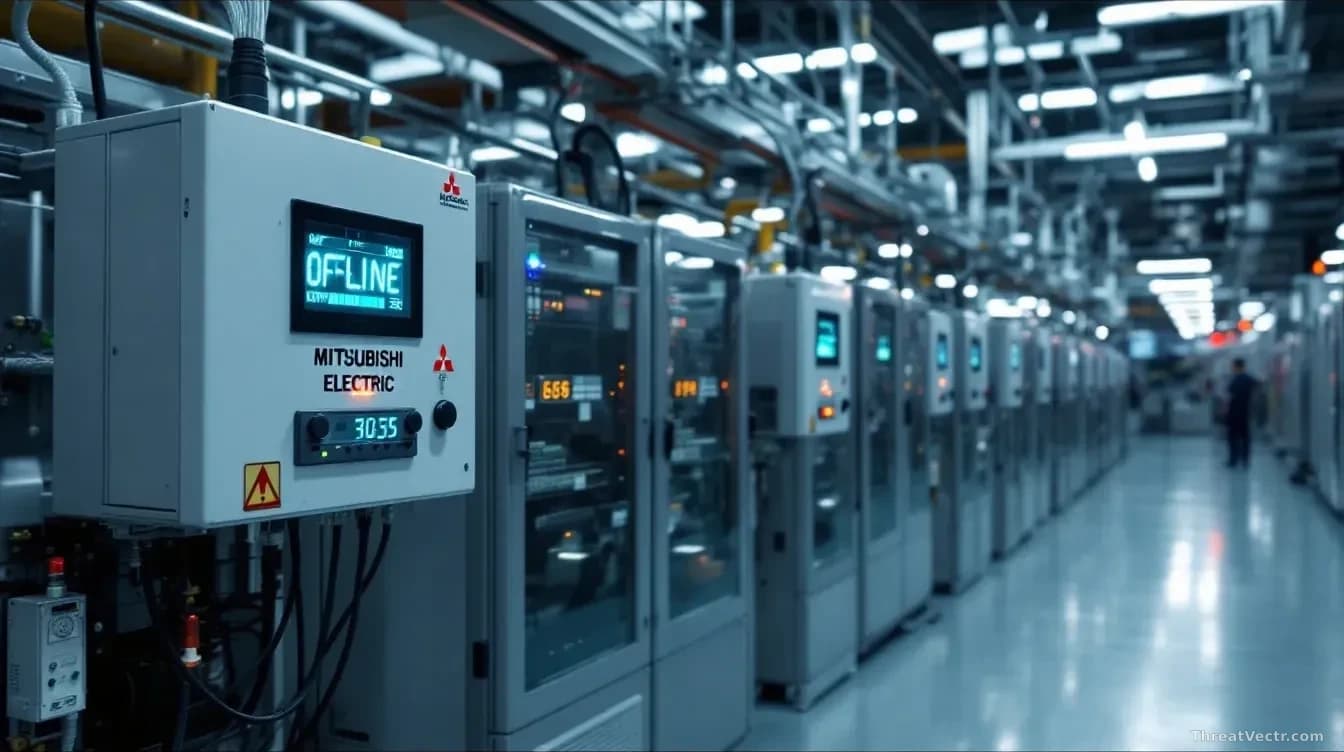 An industrial factory floor with networked Mitsubishi Electric machinery and control devices, with one device showing offline status and communication protocol