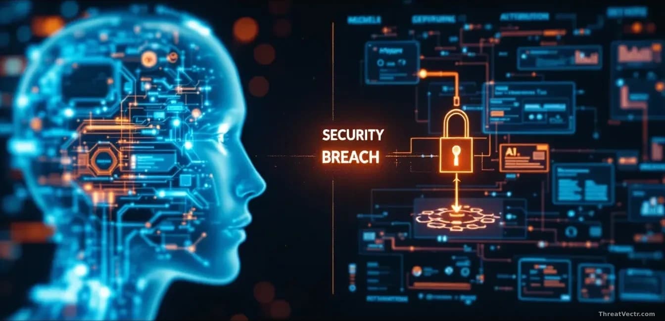 A split-screen showing AI model architecture on one side and underlying software infrastructure on the other, with a security breach pathway highlighted cutting