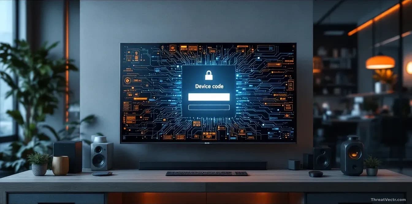 A smart TV setup with a device code login screen displayed, corporate office network architecture visible in the background, breach pathways illustrated through