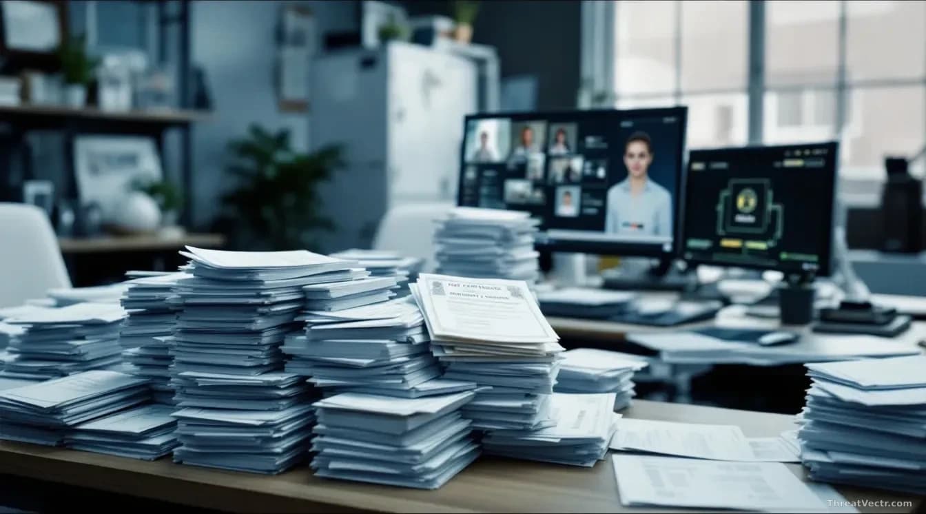 An office workspace transformed from paper-based to digital: one desk piled with birth certificate stacks, adjacent desk showing facial recognition and age veri