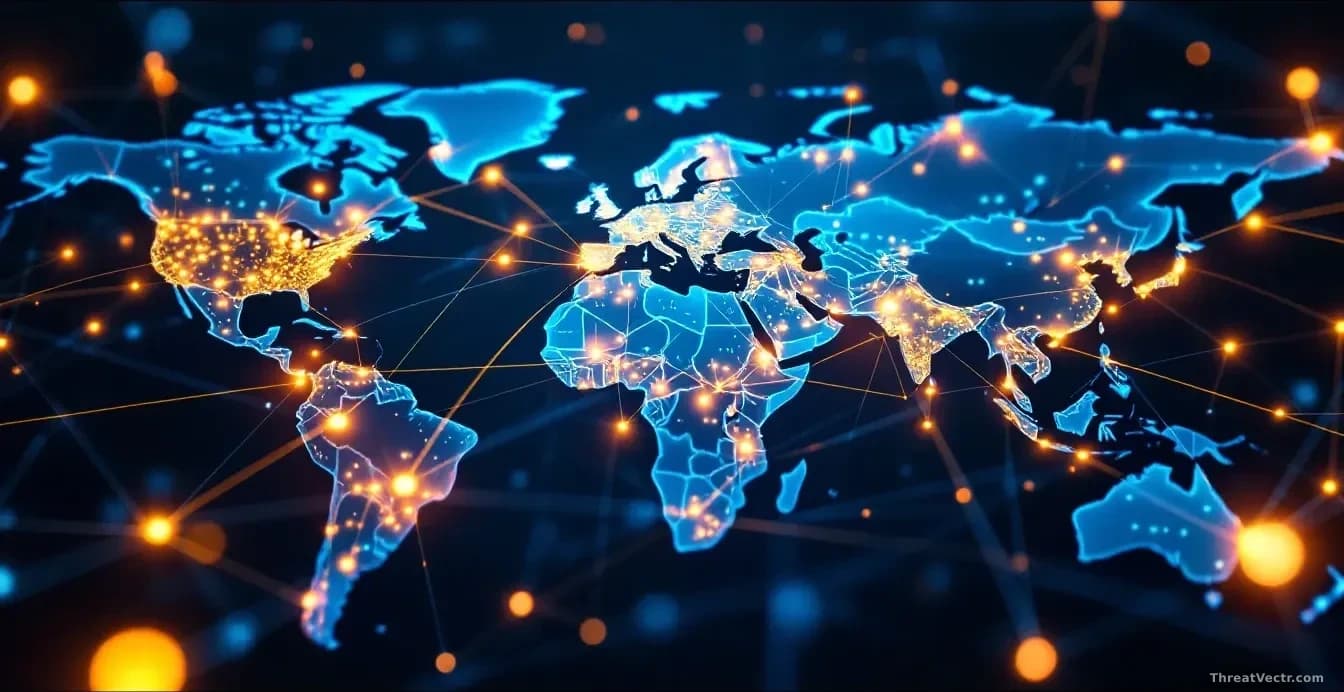 A global banking network visualization with 196 country nodes connected by glowing lines, money transfers flowing through the network with some transactions bei