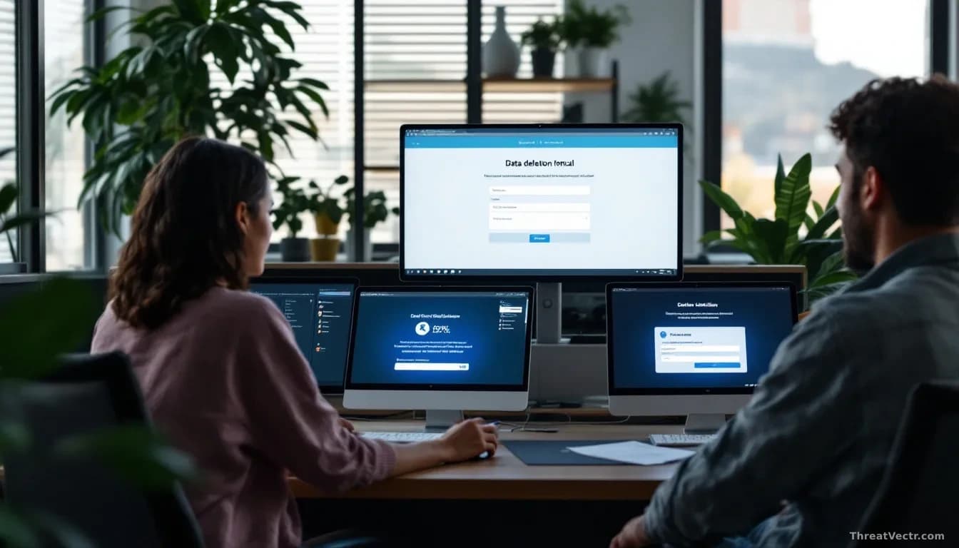 A Californian office setting with residents using computers and mobile devices accessing a data deletion portal interface on screens, confirmation messages appe