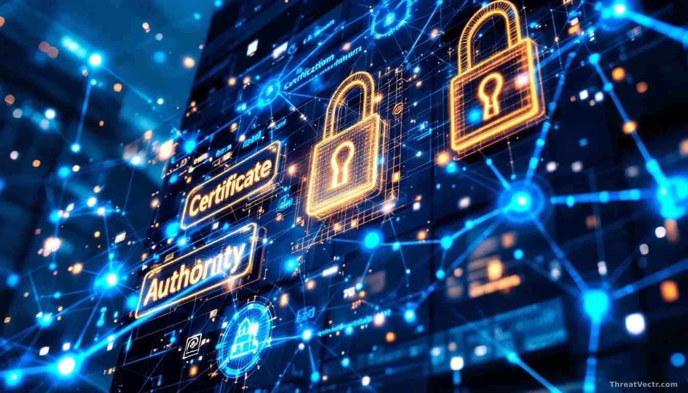 A certificate authority headquarters building facade at day, digital certificate chains and trust hierarchies visualized as glowing networks overlaid on the str