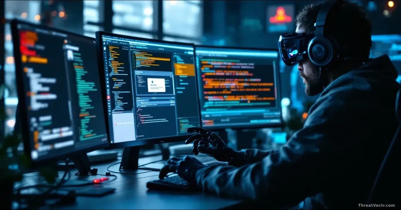 A hacker's workspace with AI chatbot interface running on one monitor, malware code editor on another, pop-up windows mimicking legitimate software alerts scatt
