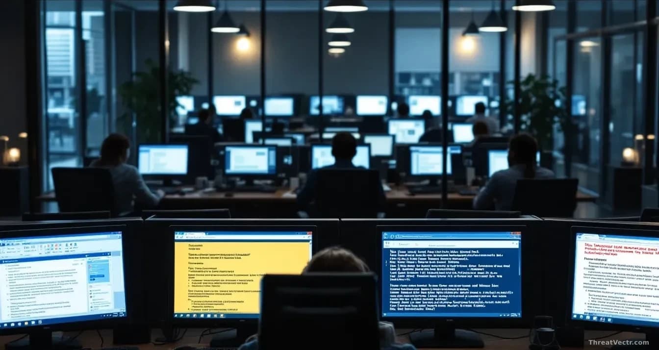 A legal office interior with computer workstations active but unattended, email client windows visible on screens, a single suspicious message highlighted among