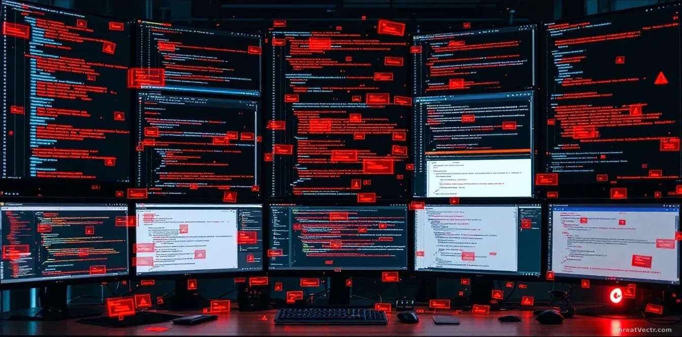 A developer's workstation with multiple code editor windows open, repository trees visible, red error warnings cascading across displays, chaos of digital conte