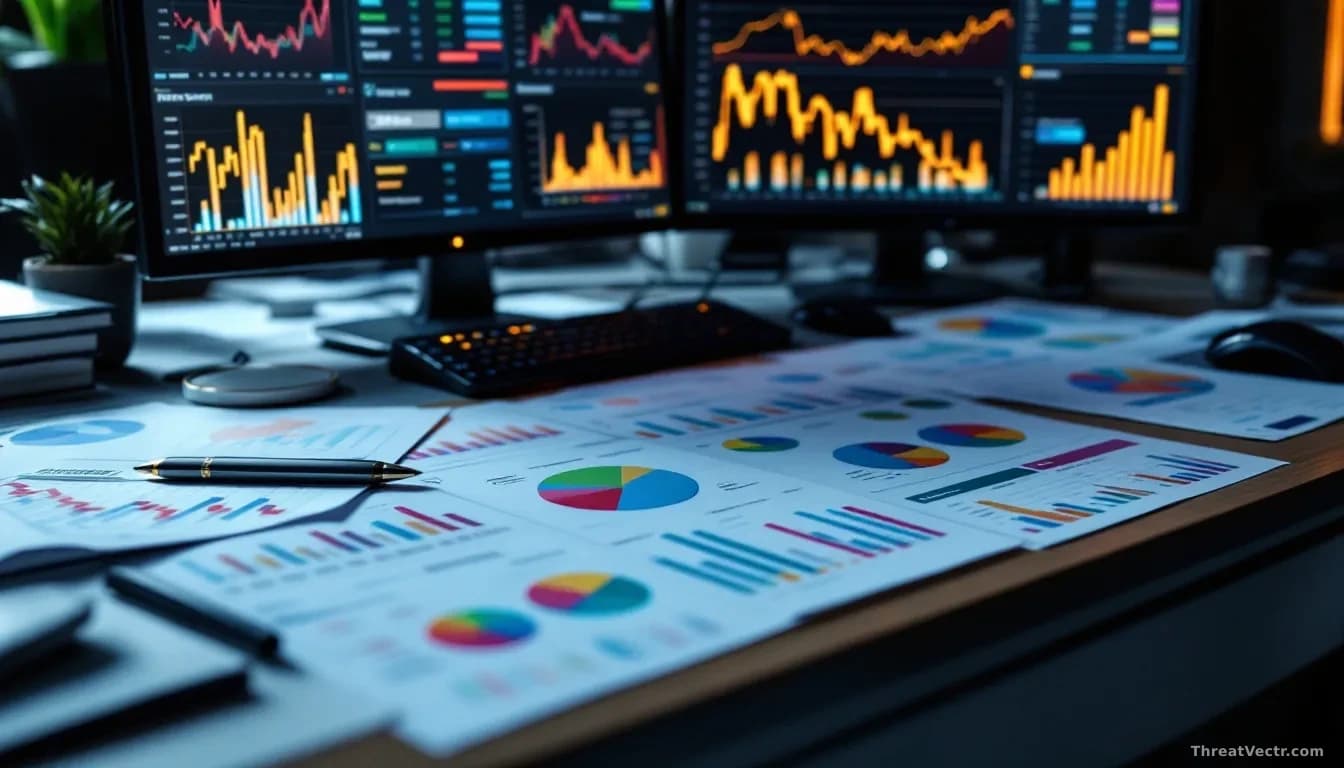 A financial analyst's desk scattered with budget spreadsheets, security software dashboards glowing on dual monitors, and colored charts tracking allocation of