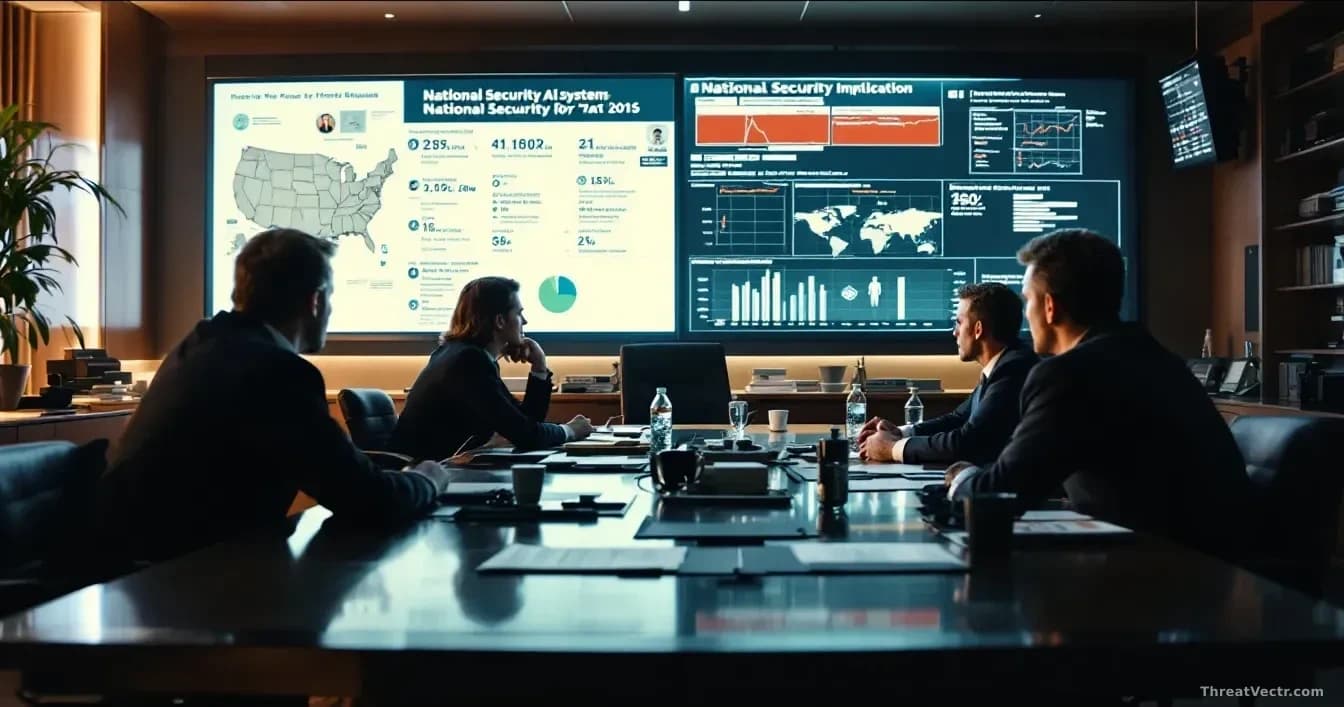 A government situation room with policy advisors analyzing reports of AI system breaches, national security implications displayed on briefing boards, White Hou