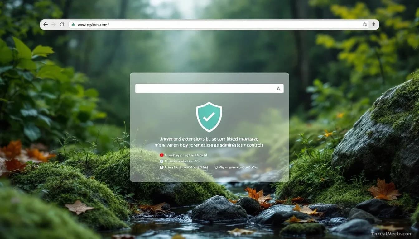 A web browser showing the new tab page with unwanted extensions being blocked by a security shield overlay, malware being prevented from masquerading as adminis
