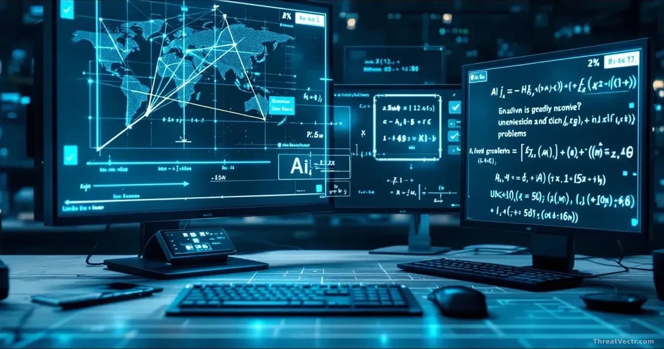 A mathematics research environment with complex geometric proofs and cryptographic equations displayed on screens, AI-generated solutions alongside unsolved his