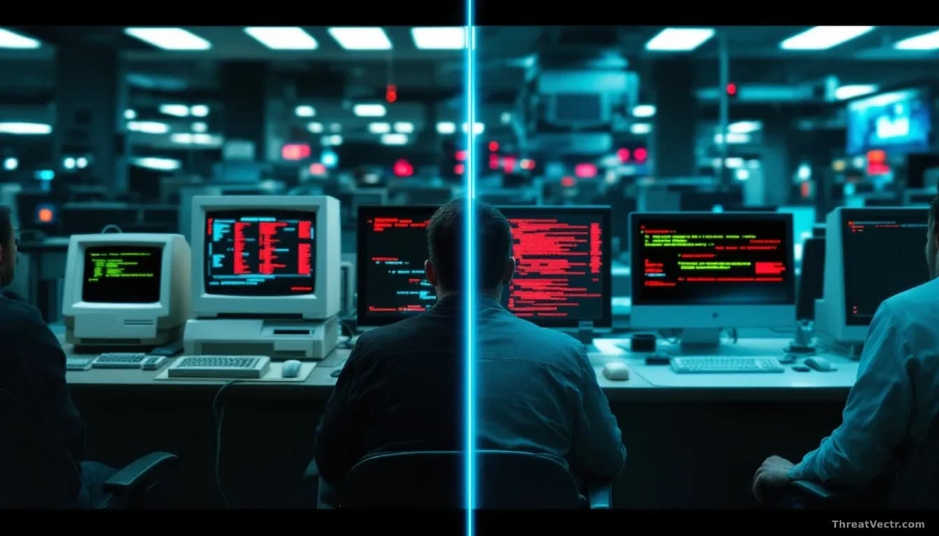 A split timeline view showing cybersecurity threats from decades past and present side-by-side, vintage computer terminals evolving into modern networks, same a