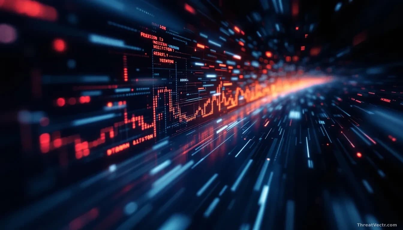 A timeline visualization showing traditional hacking techniques accelerating dramatically with AI assistance, basic network vulnerabilities being exploited at r