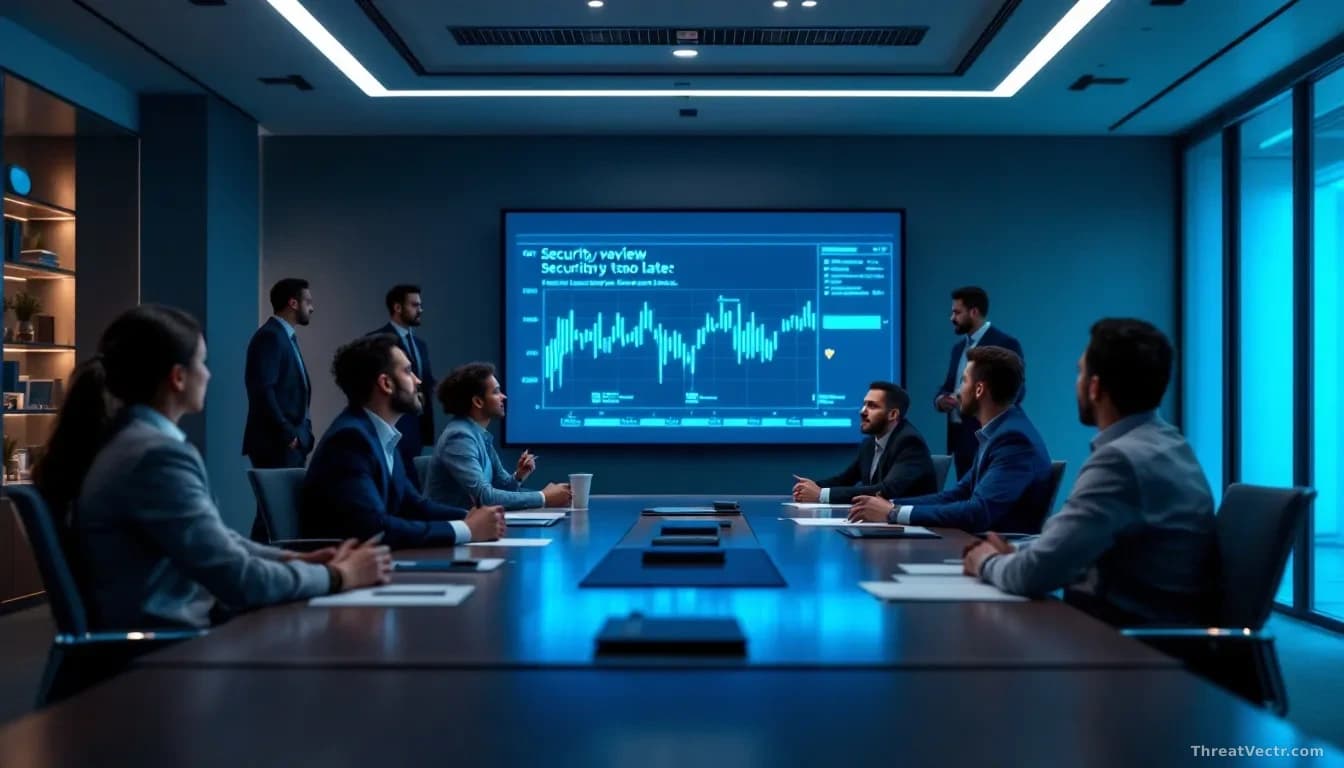 A business meeting room where software vendors present to executives while security personnel stand unheard in the background, with a timeline showing security