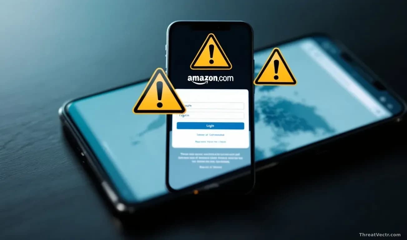 A smartphone screen showing a fake Amazon login page overlaid with warning symbols and a map showing geographic origin points of the attack campaign
