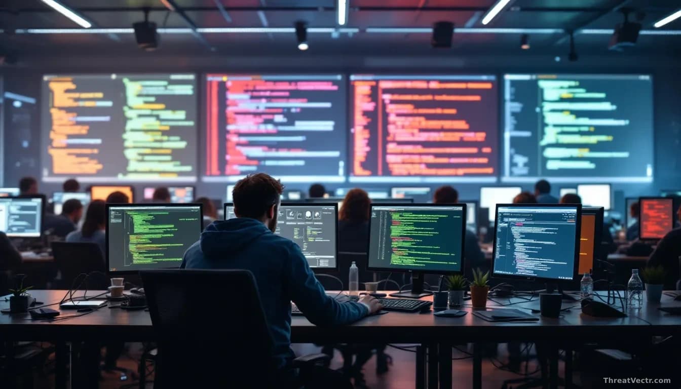 A security operations center with analysts at workstations, AI-generated code snippets and security alerts visible on monitors, human and algorithmic analysis s