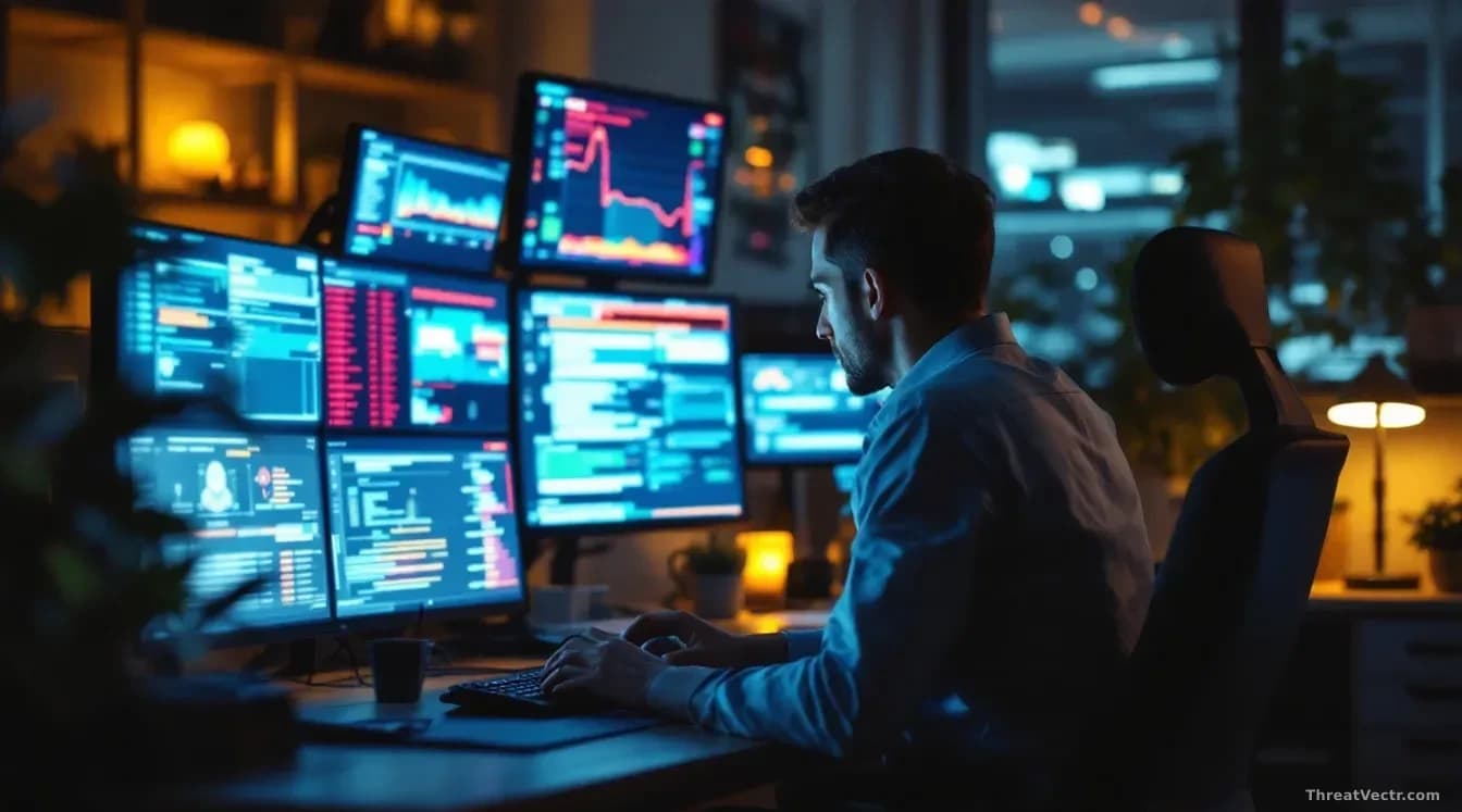 Cybersecurity director sitting at desk looking stressed amid multiple monitor displays showing alerts and incidents, late evening office environment with warm l