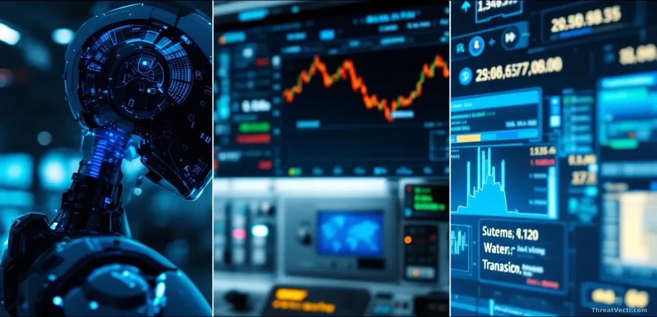 Split-scene composition showing AI chatbot interface glitching, cryptocurrency exchange display with transaction error, and water system control room simultaneo