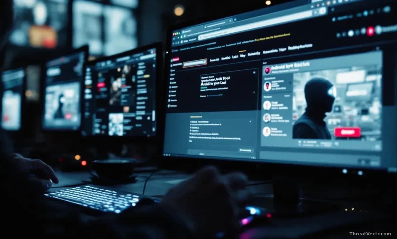 Dark web marketplace forum interface displayed on screens showing Android spyware tool listings and reseller advertisements, multiple vendor profiles and pricin