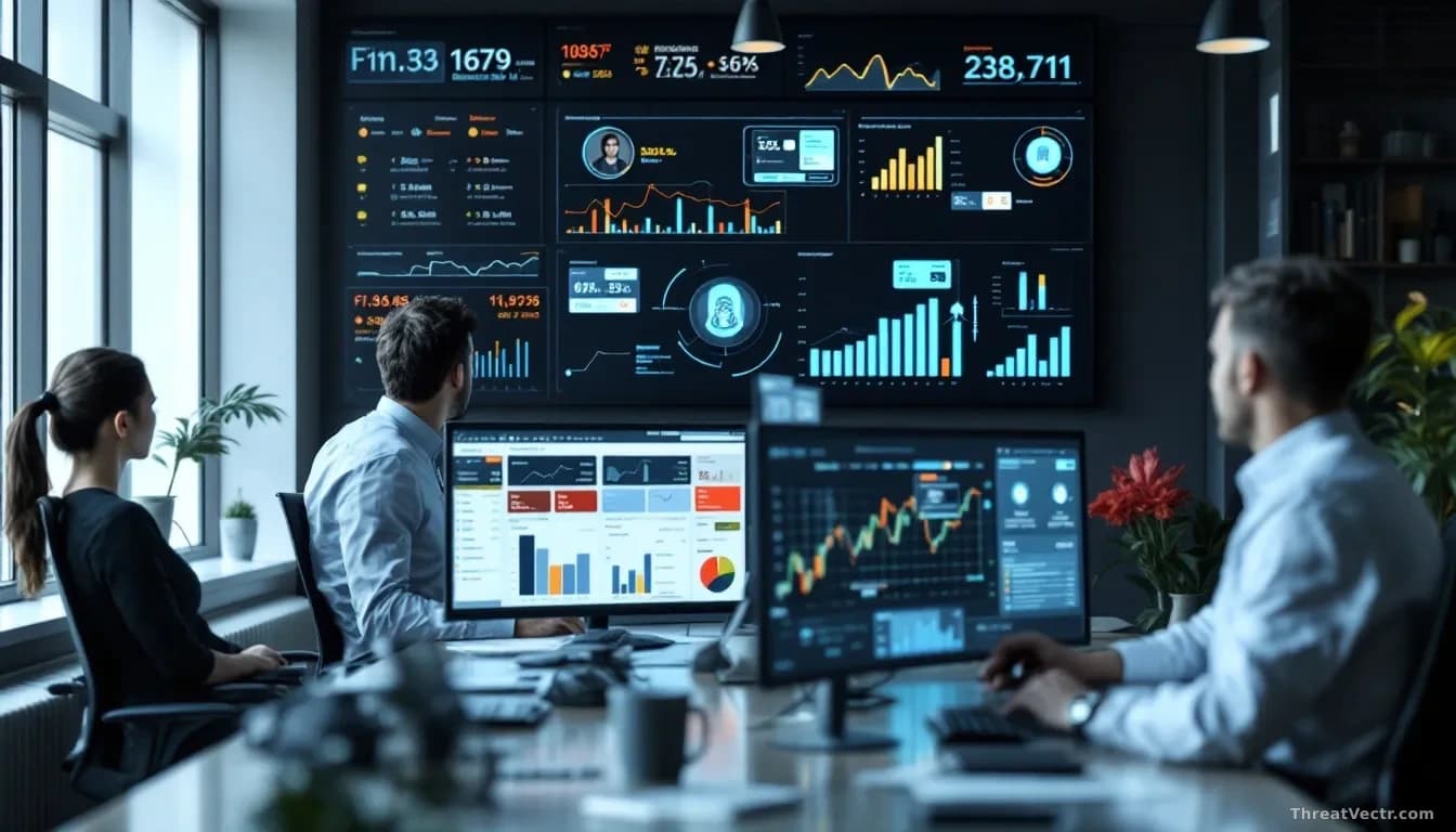 Financial services office with fraud detection team monitoring banking app user behavior patterns on screens, biometric security interfaces displayed, transacti