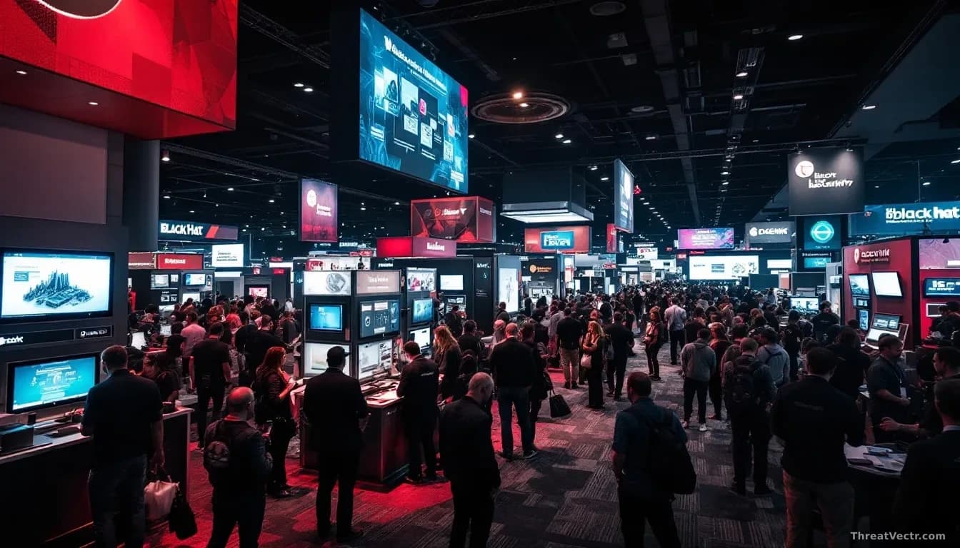 Black Hat Las Vegas conference floor with vendors presenting security product booths, large display screens showing new tool demonstrations, attendees examining