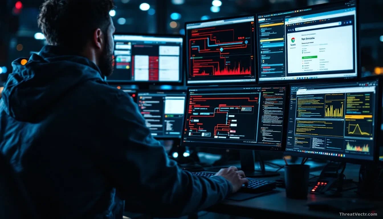 Security researcher at workstation displaying Chrome browser and password manager interface, malware attack path diagrams and vulnerability demonstrations on mu