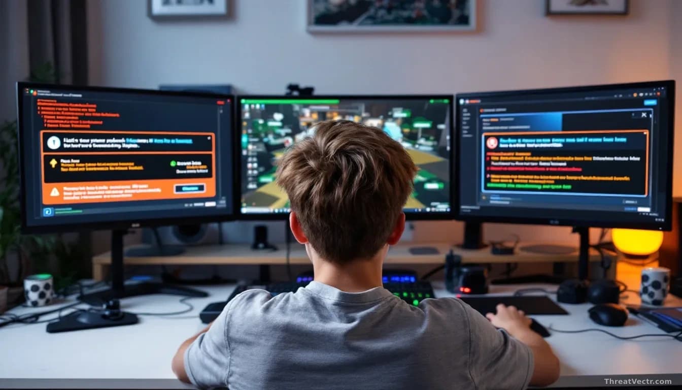Teenager's gaming setup with multiple monitors showing Roblox game interface alongside security warning alerts, malware detection software running, concerned ex