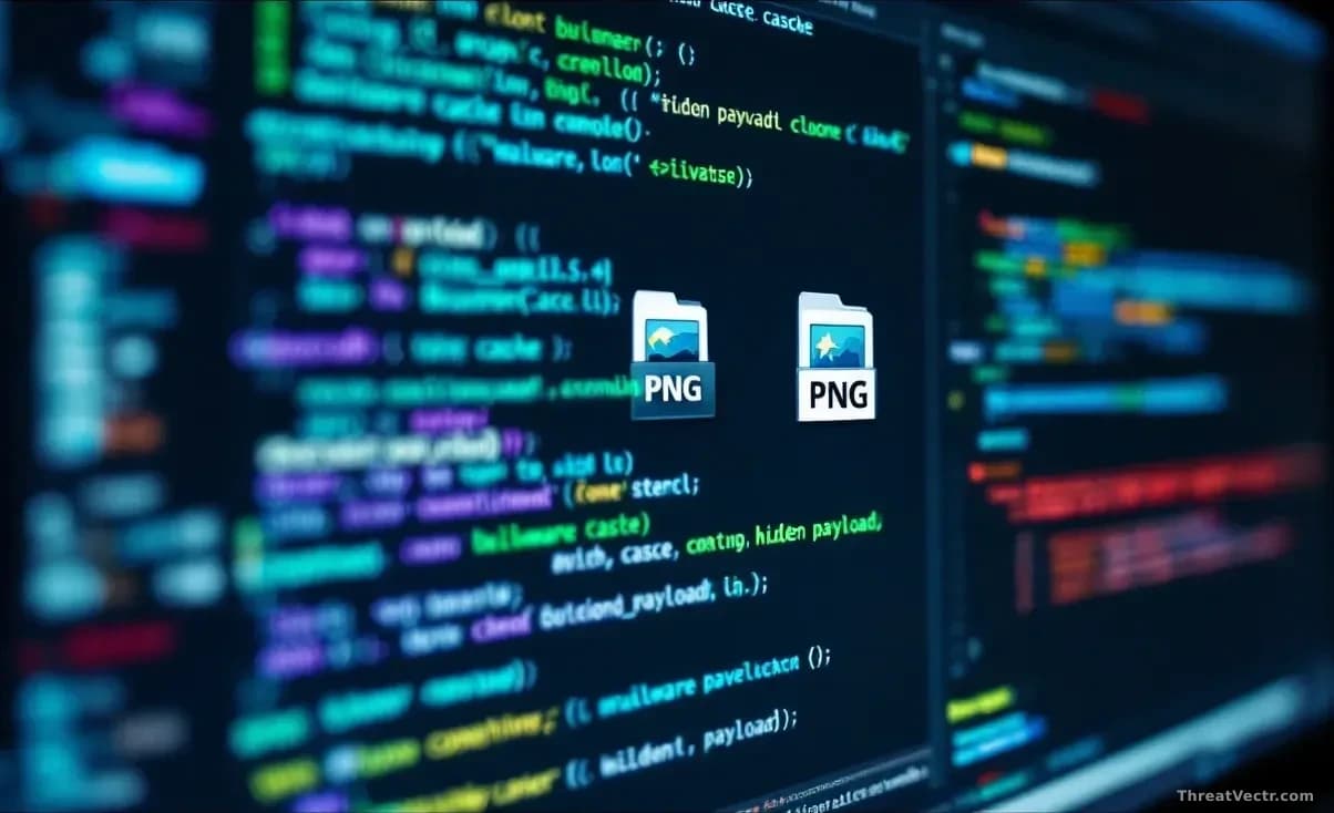 Computer screen showing browser cache folder with PNG image files, malware analysis software running in background, code and command-line interfaces visible wit