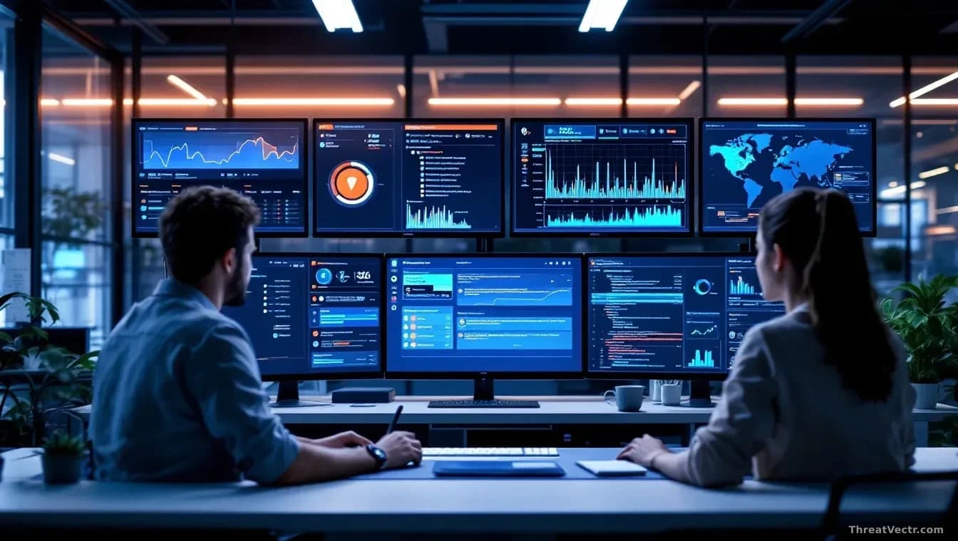 IT service provider office with technicians managing remote monitoring dashboards, security alerts and vulnerability notifications visible on screens, urgent re