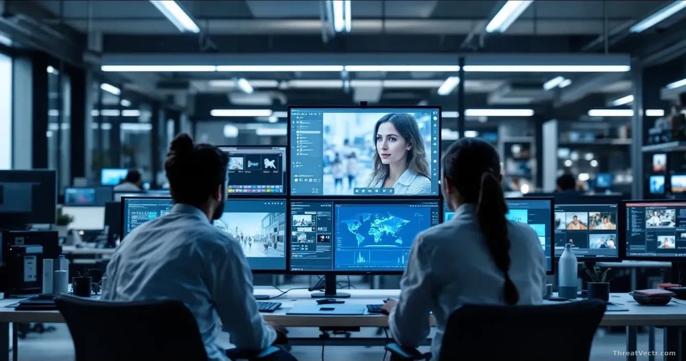 University research lab with researchers examining deepfake video on multiple displays, software interface showing AI model identification and analysis tools, a
