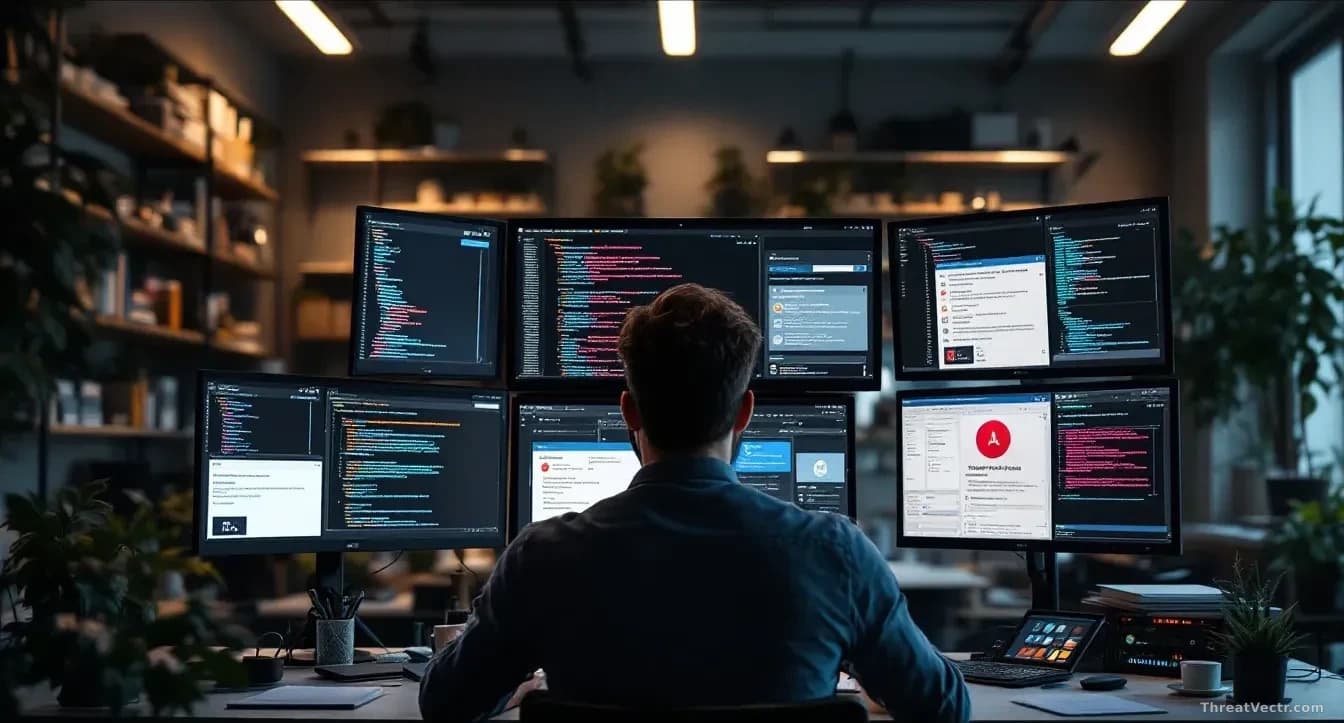 A security researcher at a laptop surrounded by screens displaying code and vulnerability reports, with payment notification windows visible, photoreal office s