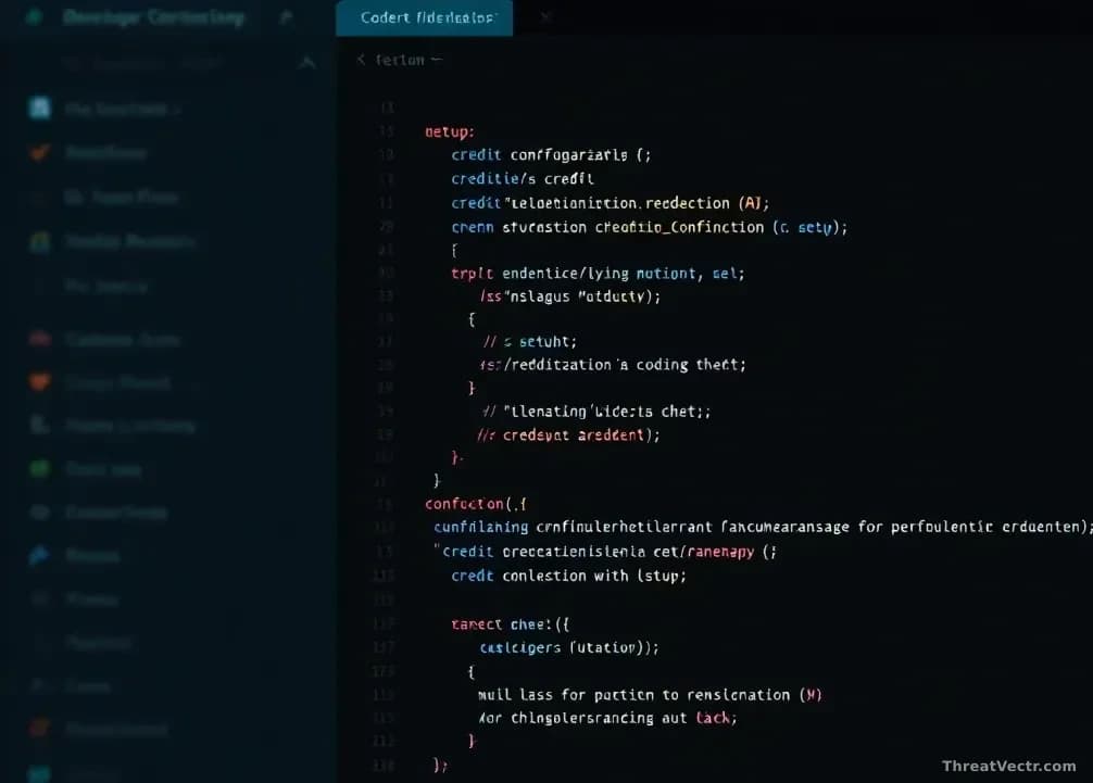 A developer's code editor showing configuration files for an AI coding assistant, with hidden credential theft mechanisms embedded in what appears to be innocuo