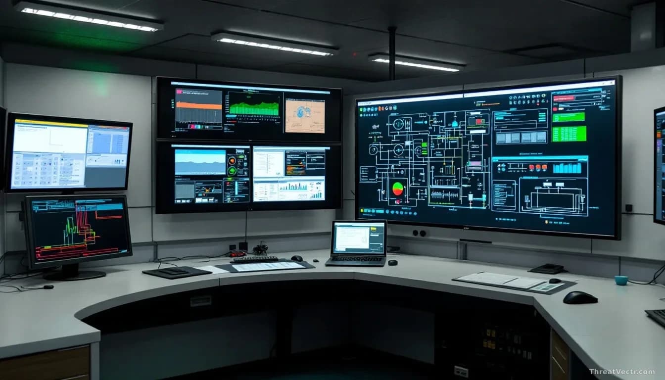 A water utility control room with SCADA screens displaying system operations, while on an adjacent monitor a digital backup shows attackers may possess more com