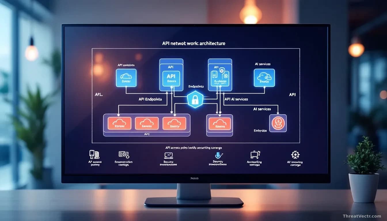 A corporate network architecture diagram displayed on a monitor, highlighting API endpoints and connections between systems and AI services, with API access poi