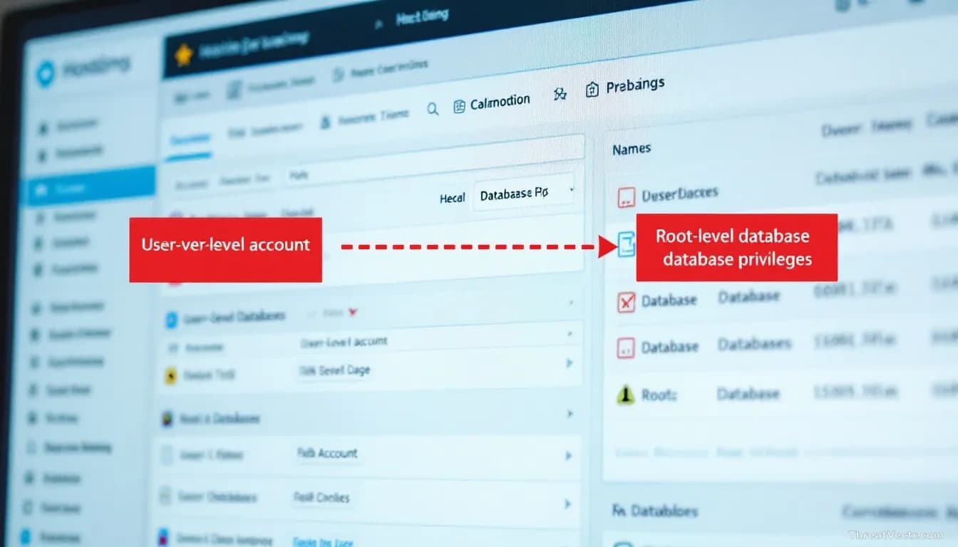 A hosting control panel on a computer screen showing database management interfaces, with visual indicators highlighting the boundary between user-level account