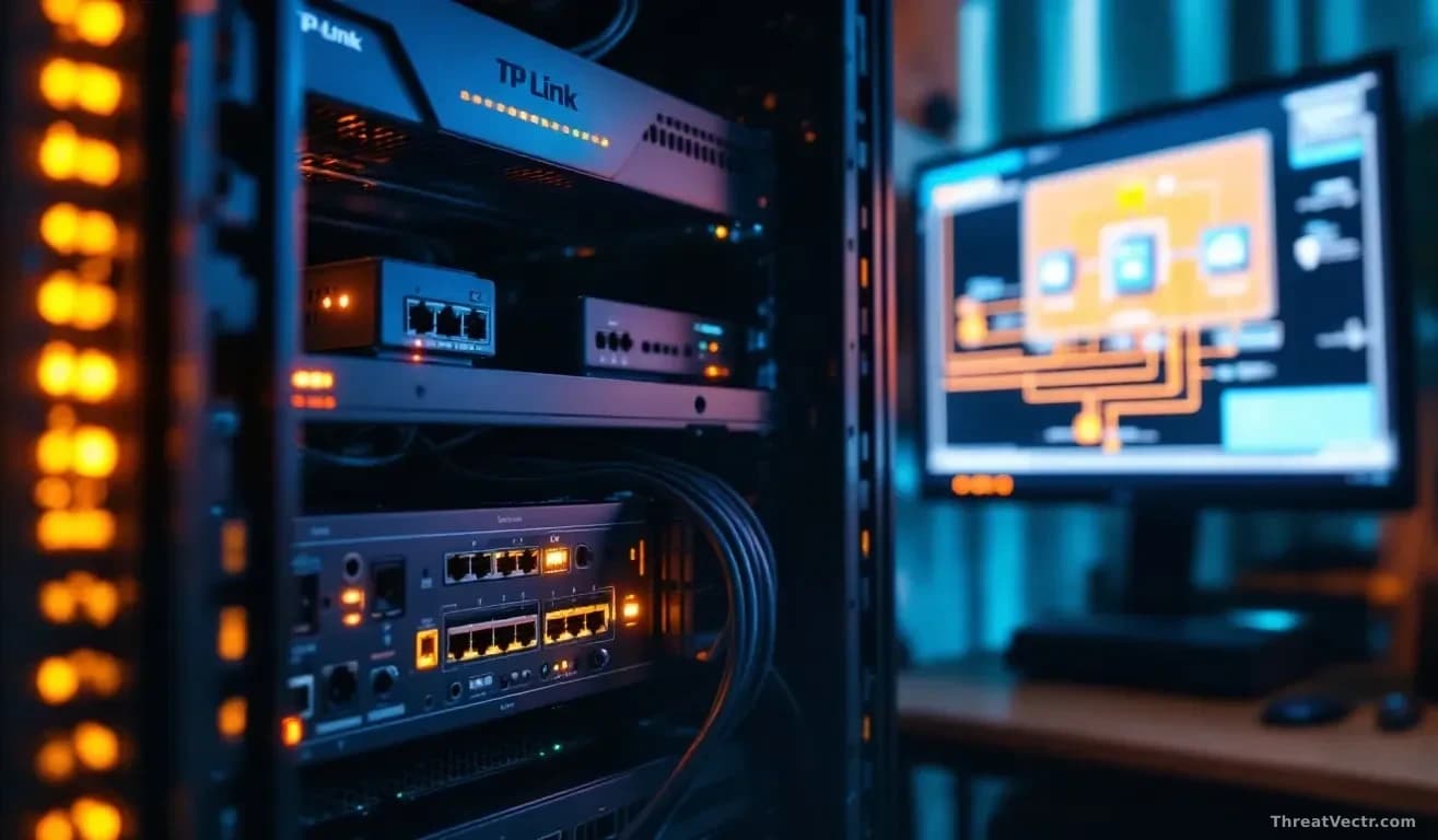 A network rack with TP-Link networking equipment (routers, switches, cameras) illuminated and connected, with a network diagram on an adjacent monitor showing h