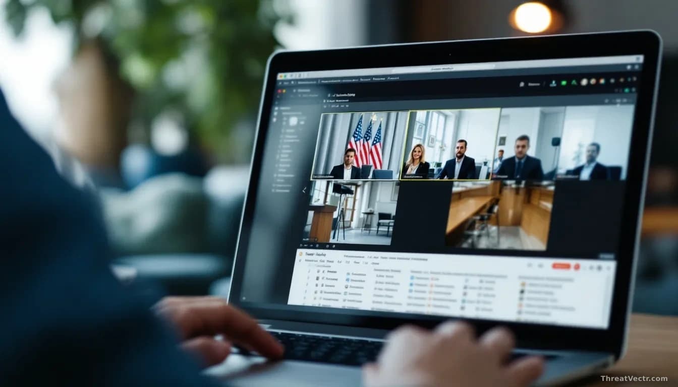 A laptop screen showing a meeting recording application with live video feeds of government and corporate calls visible in an unsecured database viewer, unprote