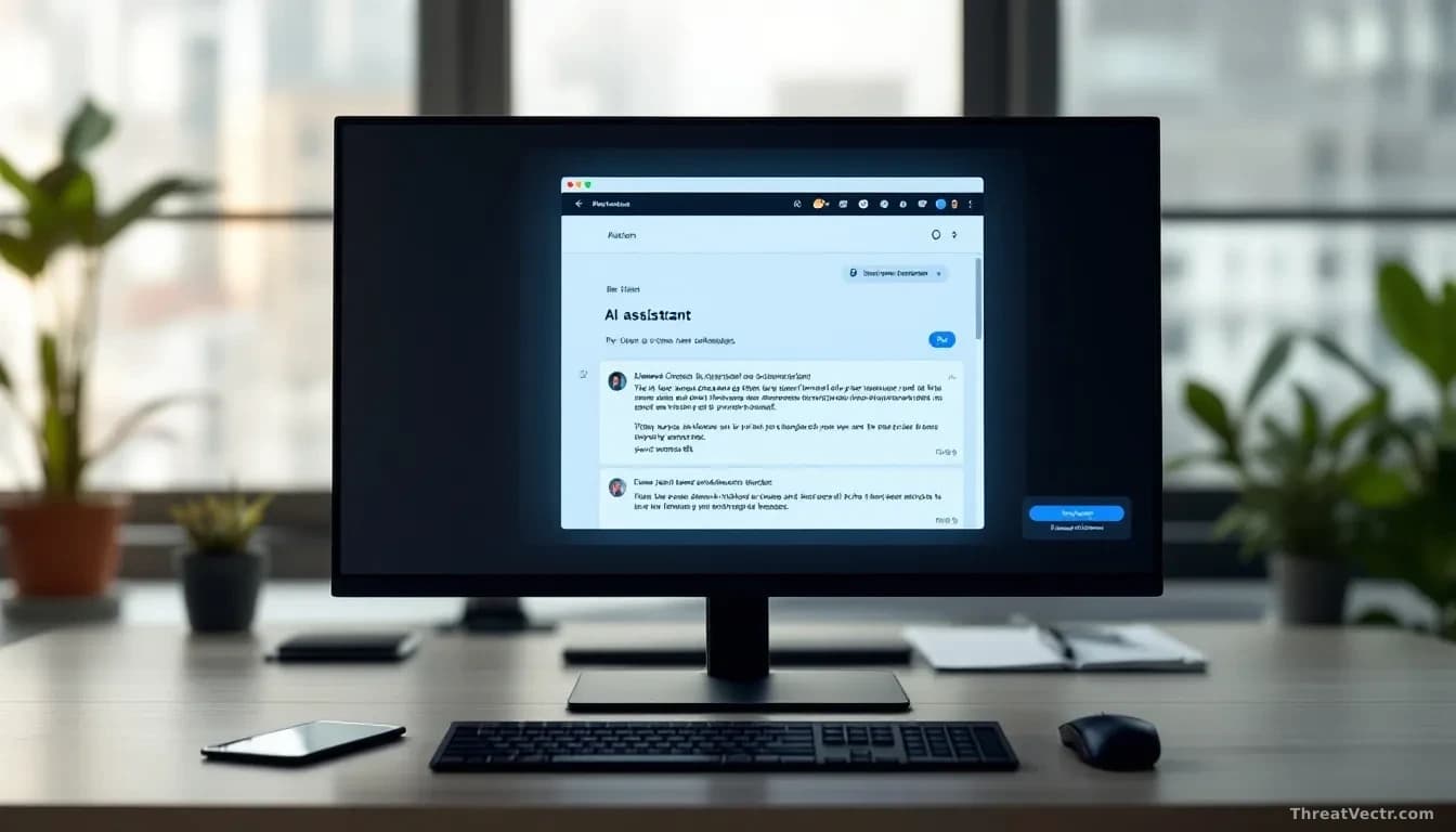 An email platform window on a monitor showing an AI assistant panel, while below it displayed messages appear to impersonate colleagues and contain financial re