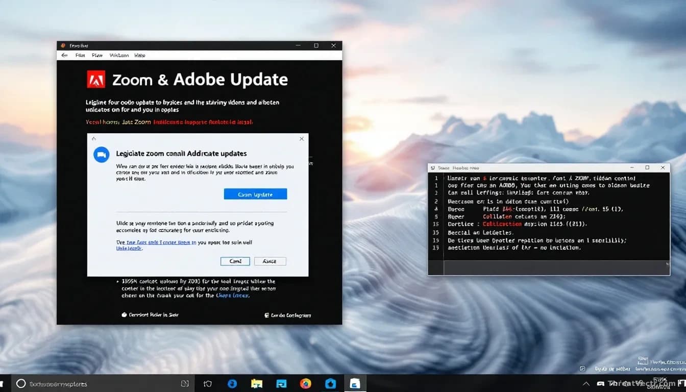 A user's desktop showing what appears to be legitimate Adobe and Zoom update prompts in the notification area, while system tray indicators and background proce