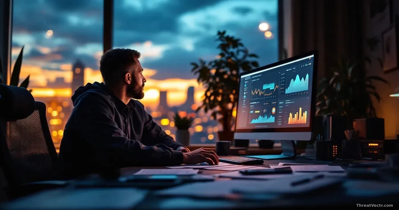 A security leader's office at dusk, with desk covered in incident reports and a computer screen glowing with security dashboards, conveying the weight of respon