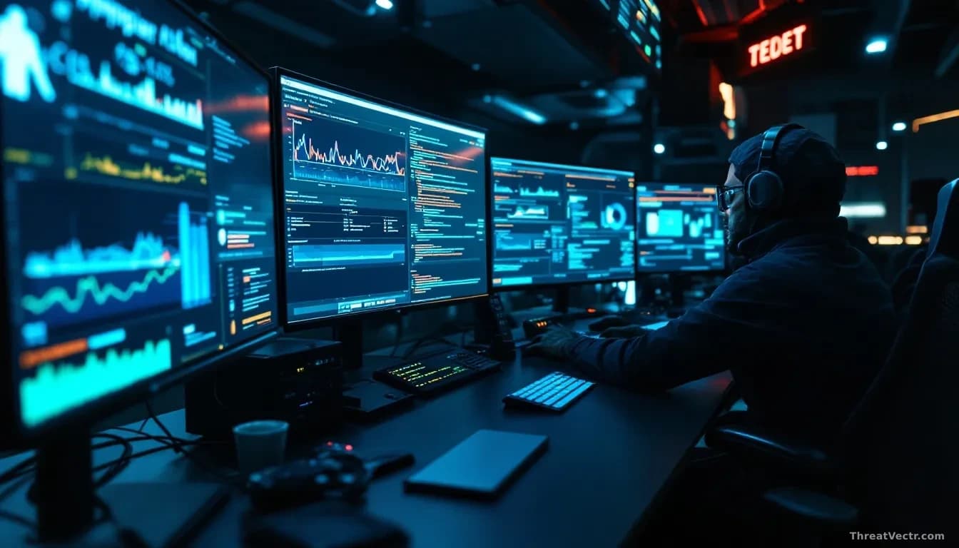 A cybersecurity operations center with multiple screens displaying running application analysis and real-time threat blocking events, showing the moment an atta