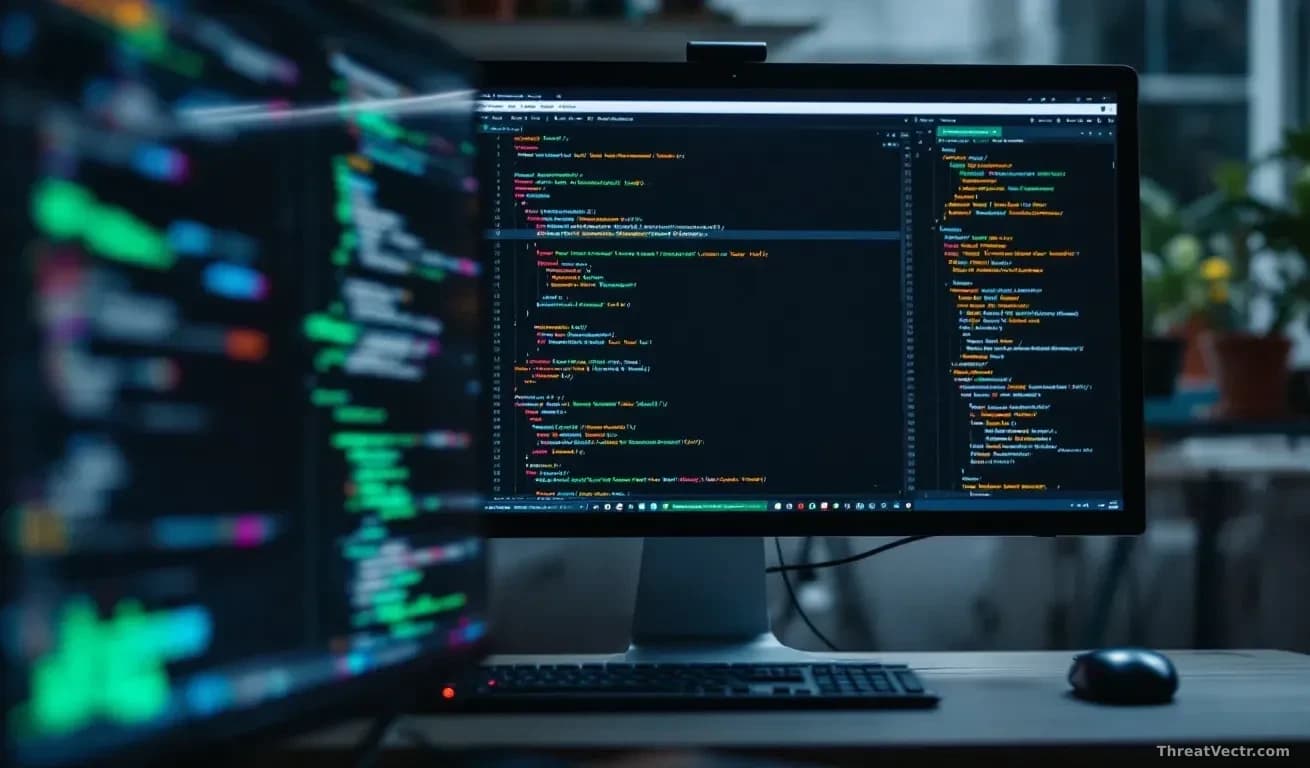 A developer's computer monitor displaying code in an IDE, with network activity indicators and connection logs visible on the screen, suggesting background data