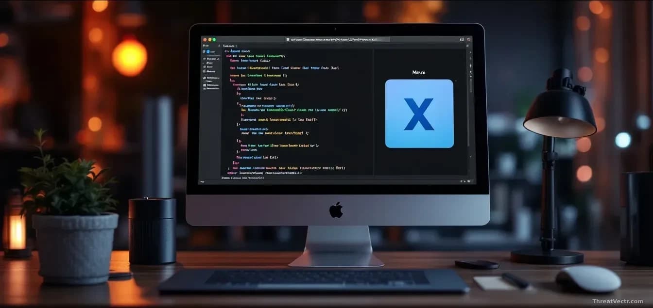 A macOS development environment with poisoned Xcode project files visible in Finder, malware notifications appearing alongside legitimate development tools