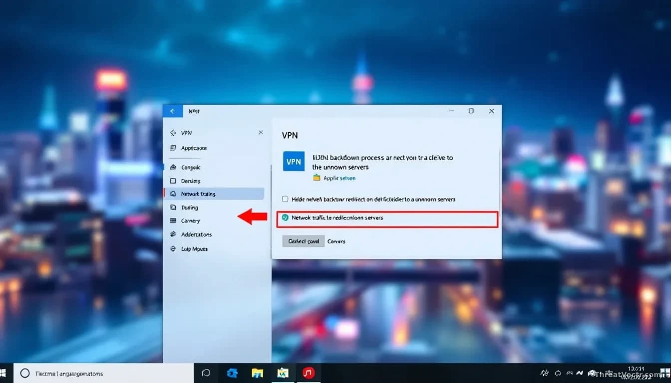 A Windows system tray showing a VPN application icon with hidden backdoor processes running in the background, network traffic being redirected to unknown serve