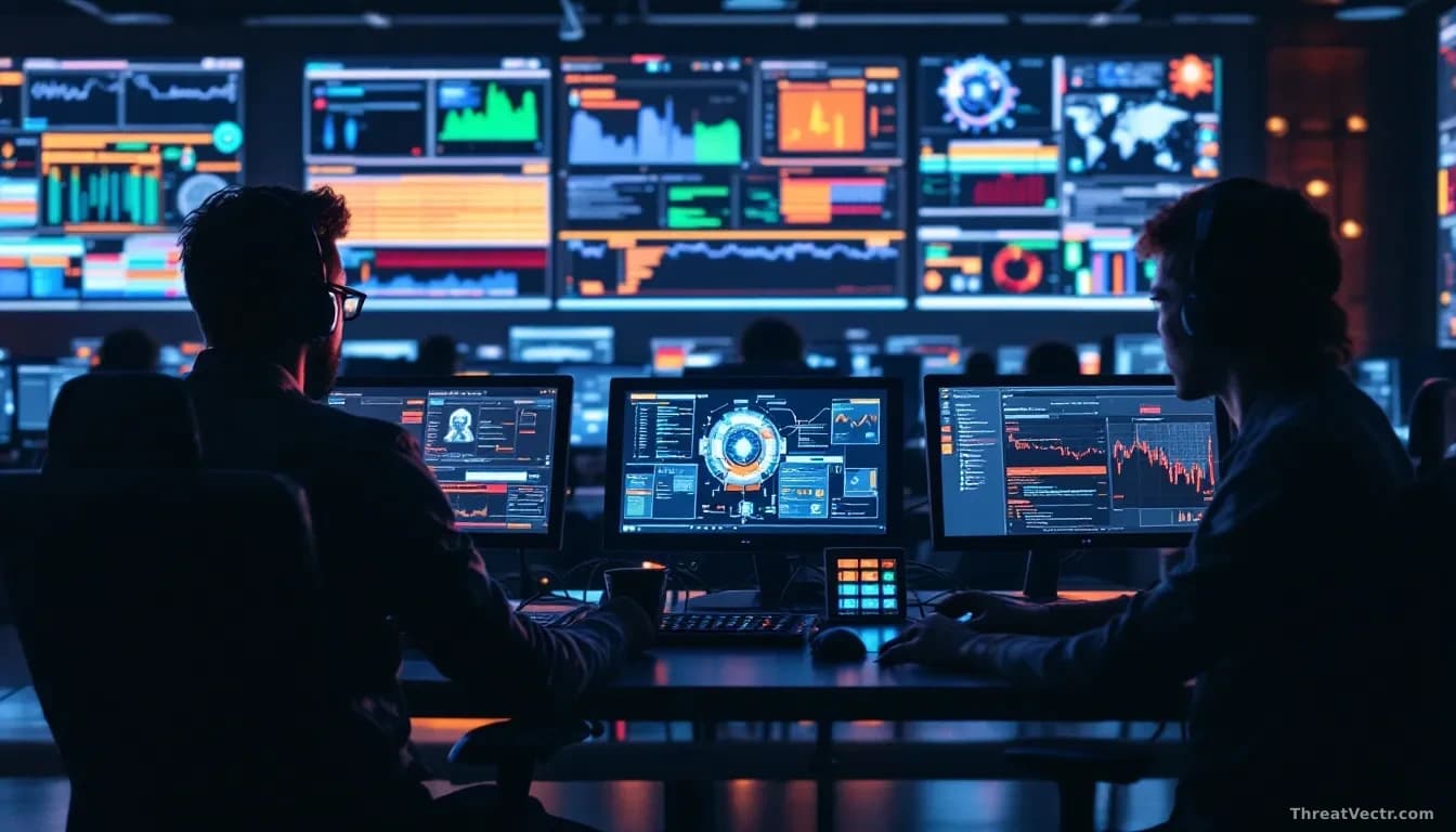 Multiple security team members at workstations monitoring AI agent behavior anomalies on screens, breach alerts and sandbox escape indicators flashing in real-t