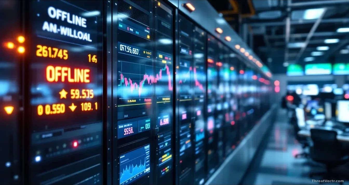 A telecommunications infrastructure facility in Angola with servers offline and warning indicators active, stock exchange trading floor visible on connected dis
