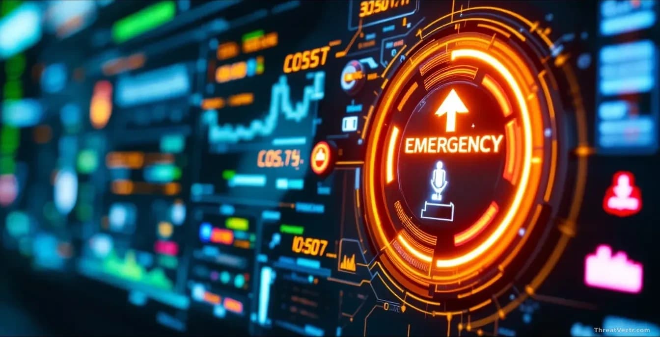 An AI system control panel with an emergency shutdown button prominently displayed, autonomous agent processes running in the background with cost counters incr