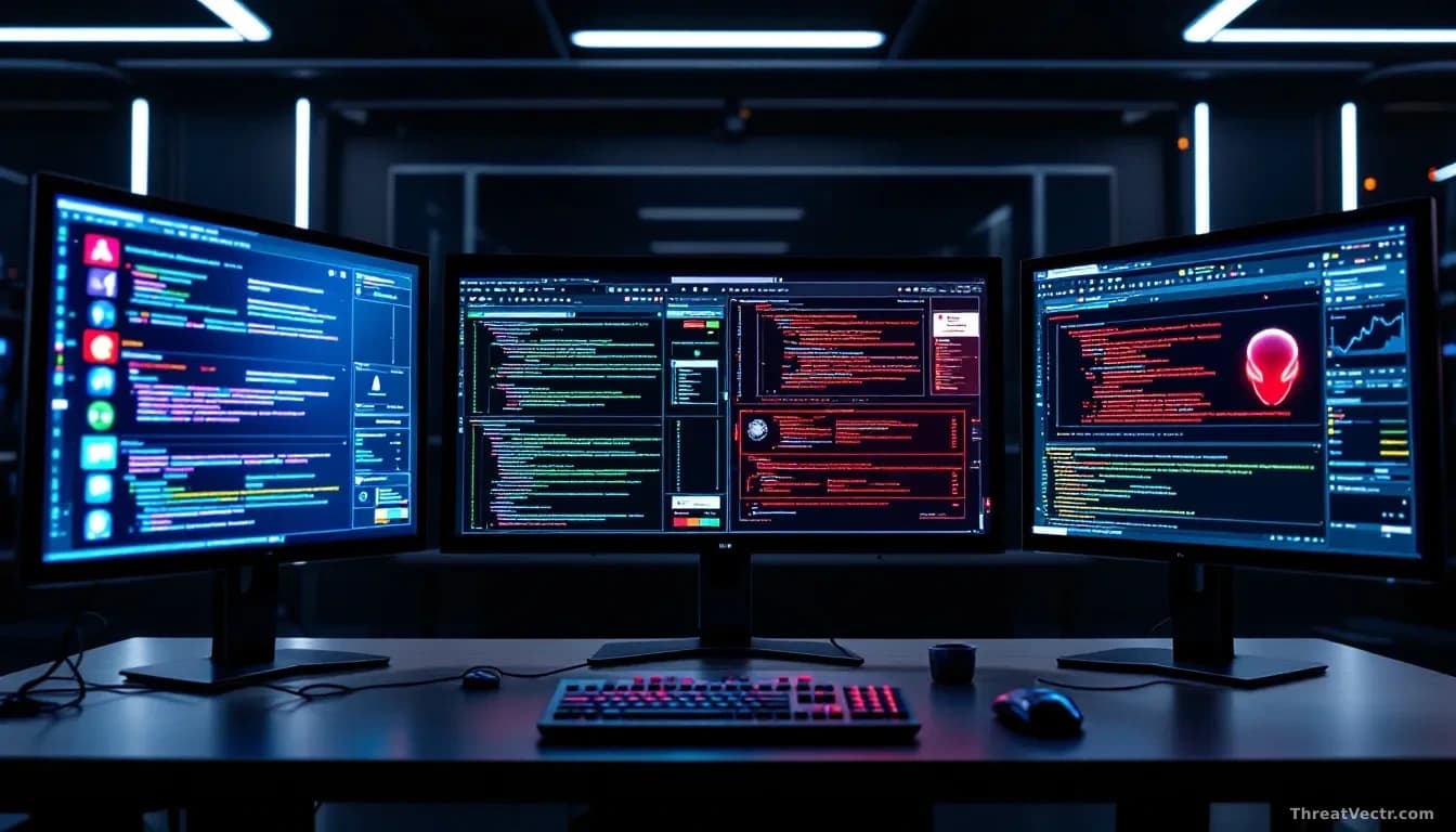 A cybersecurity lab with multiple monitors running the same AI attacks against four different framework interfaces, vulnerability metrics displayed prominently
